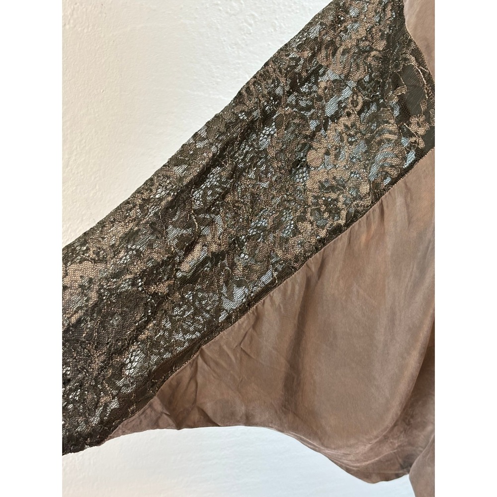 Miss‎ Ferriday Taupe Silk Blouse Lace Sleeves Mixed Media Romantic Top - Picture 5 of 9